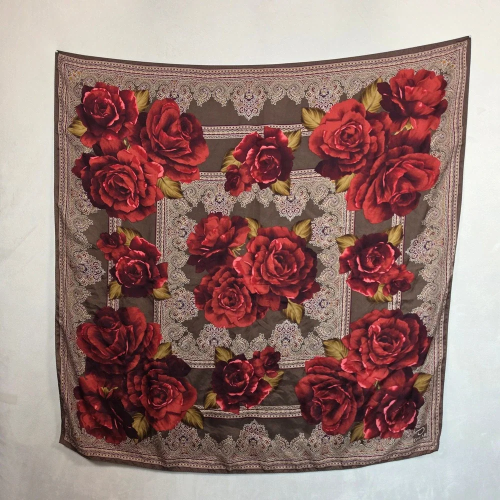 Oscar Scarf Womens 34x34 Brown Red Rose Floral Paisley Romantic Cottagecore